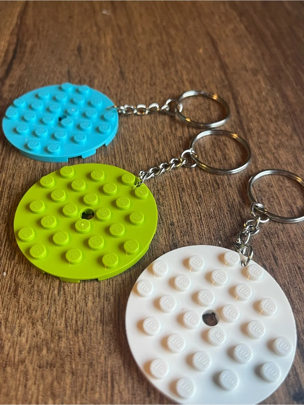 Lego Blue, Lime Green & White Round Stud Keychain Set